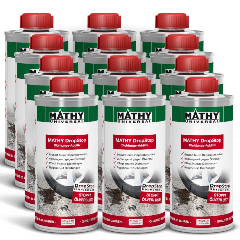 MATHY-DropStop Dichtungs-Additiv (12x250 ml) - Öl-Additiv stoppt Ölverlust im Motor, Getriebe, Hinterachsen & Servolenkungen - regeneriert Dichtungen von MATHY