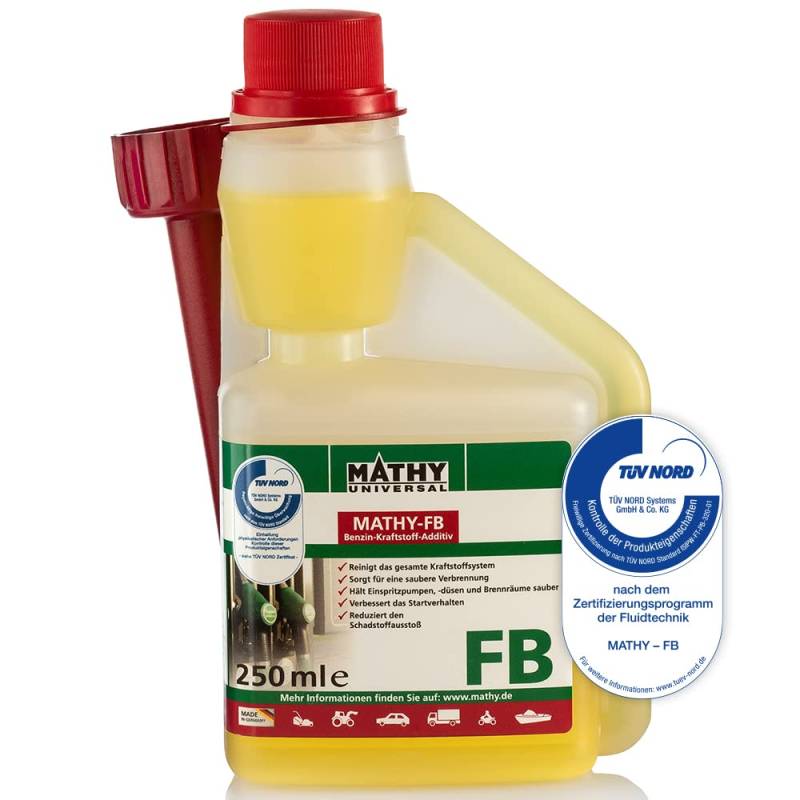 MATHY-FB Benzin-Pflege-Kraftstoffadditiv (250 ml) – hochwirksamer Benzin Systemreiniger - Kraftstoffstabilisator - Benzin Additiv - stetige Reinigung von MATHY