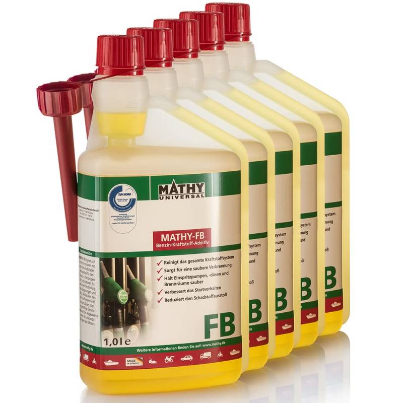MATHY-FB Benzin-Pflege-Kraftstoffadditiv (5x1,0 l) – hochwirksamer Benzin Systemreiniger - Kraftstoffstabilisator - Benzin Additiv - stetige Reinigung von MATHY