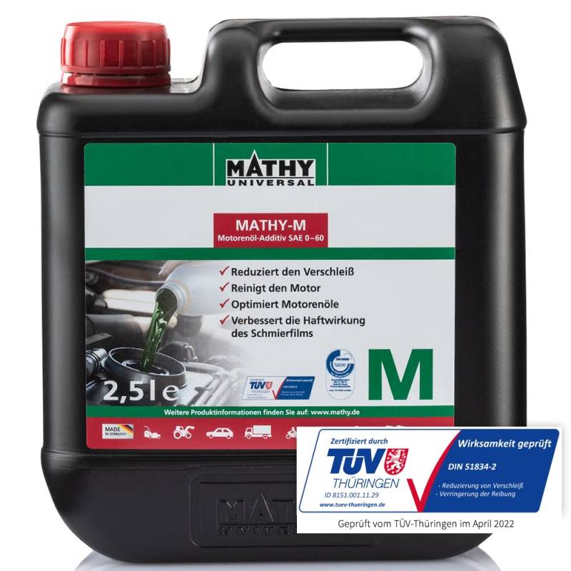 MATHY-M Motoröl Additiv - Verschleißschutz + Reinigung für alle Diesel- und Benzinmotoren - Motorreiniger - Öl-Zusatz Auto Motor, 2,5 l von MATHY