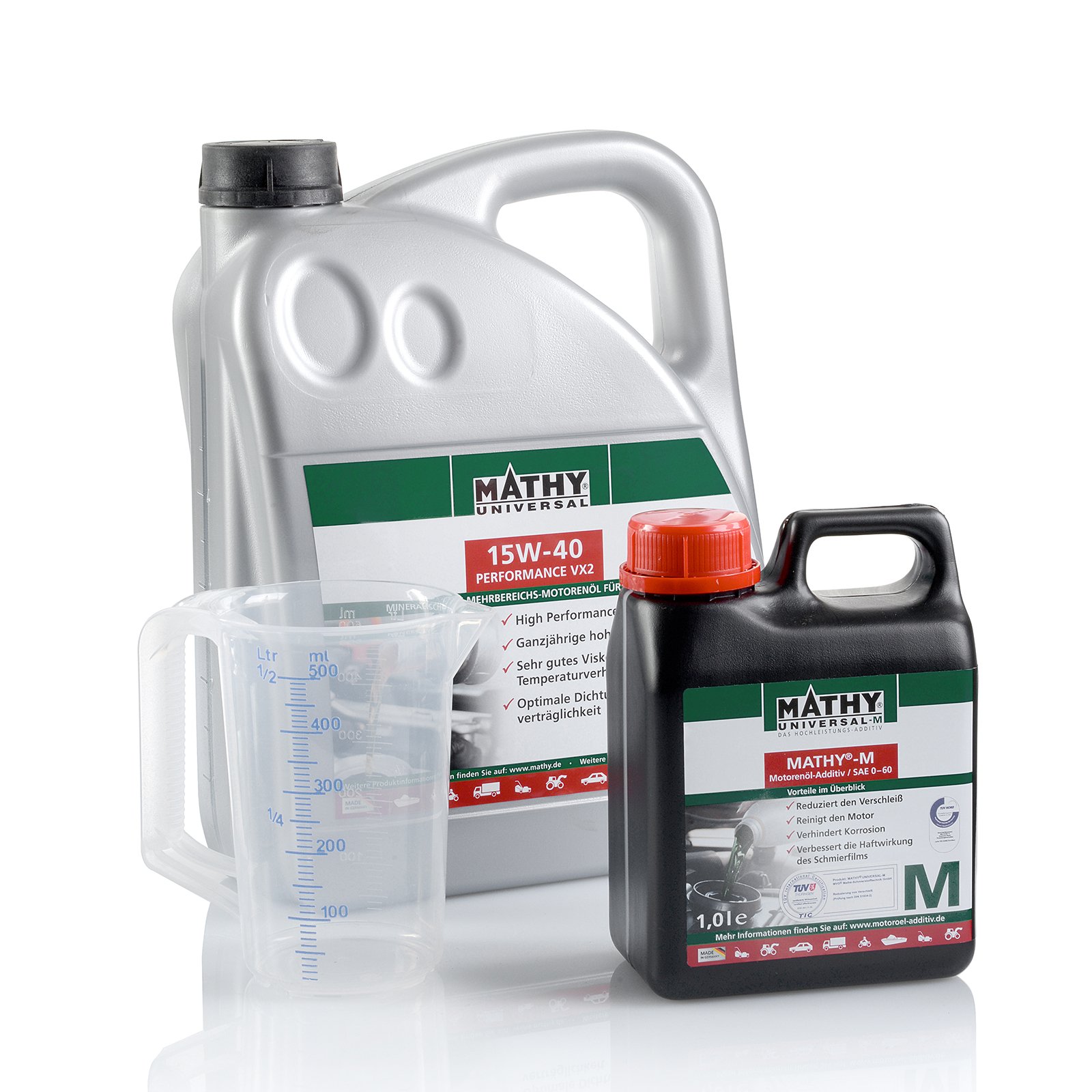 MATHY Motorenöl-Wechsel-Set (SAE 15W-40 Performance VX2 Motorenöl) + 1 Liter MATHY-M Motorenöl-Additiv + 500 ml Messbecher gratis von MATHY