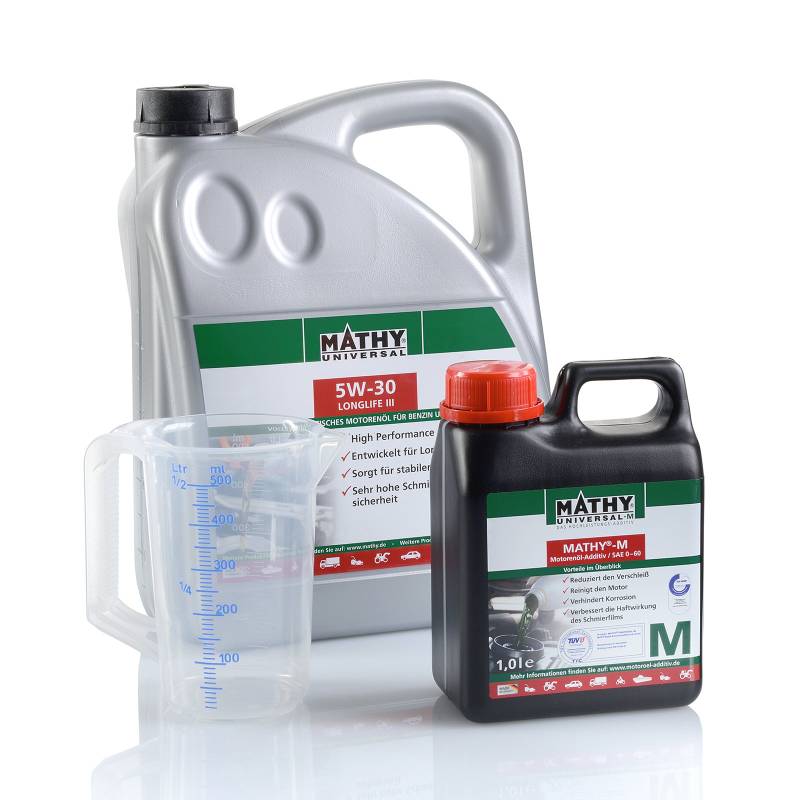 MATHY Motoröl-Wechsel-Set (SAE 5W-40 Performance VX4 Motorenöl) + 1 Liter MATHY-M Motoröl-Additiv + 500 ml Messbecher gratis von MATHY