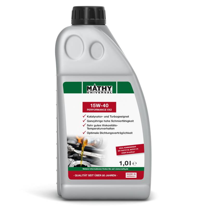 MATHY Motoröl 15W-40 Performance VX2 (1,0 l) - Mineralisches Motor-Öl für Diesel- und Benzin-Motoren, Turbo und Kat getestet - Universal einsetzbares Motorenöl für PKW und Nutzfahrzeuge von MATHY