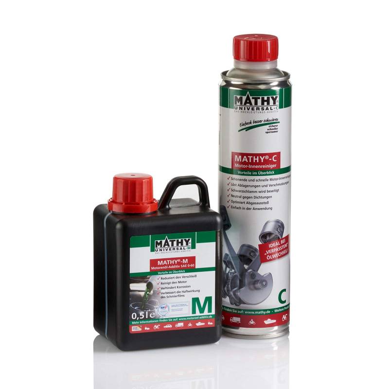 MATHY Motor-Reinigungs-Set Motorinnenreiniger + Motoröl Additiv - Motorspülung & Verschleißschutz für Diesel + Benzin Motor - Motorreiniger Ölwechsel von MATHY