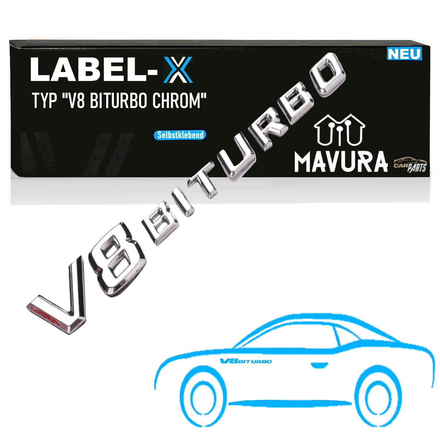 Label-X V8 Biturbo Schriftzug 3D Emblem Chrom Logo, G63 S63 SL63 CL63 C63 CLS63 AMG von MAVURA