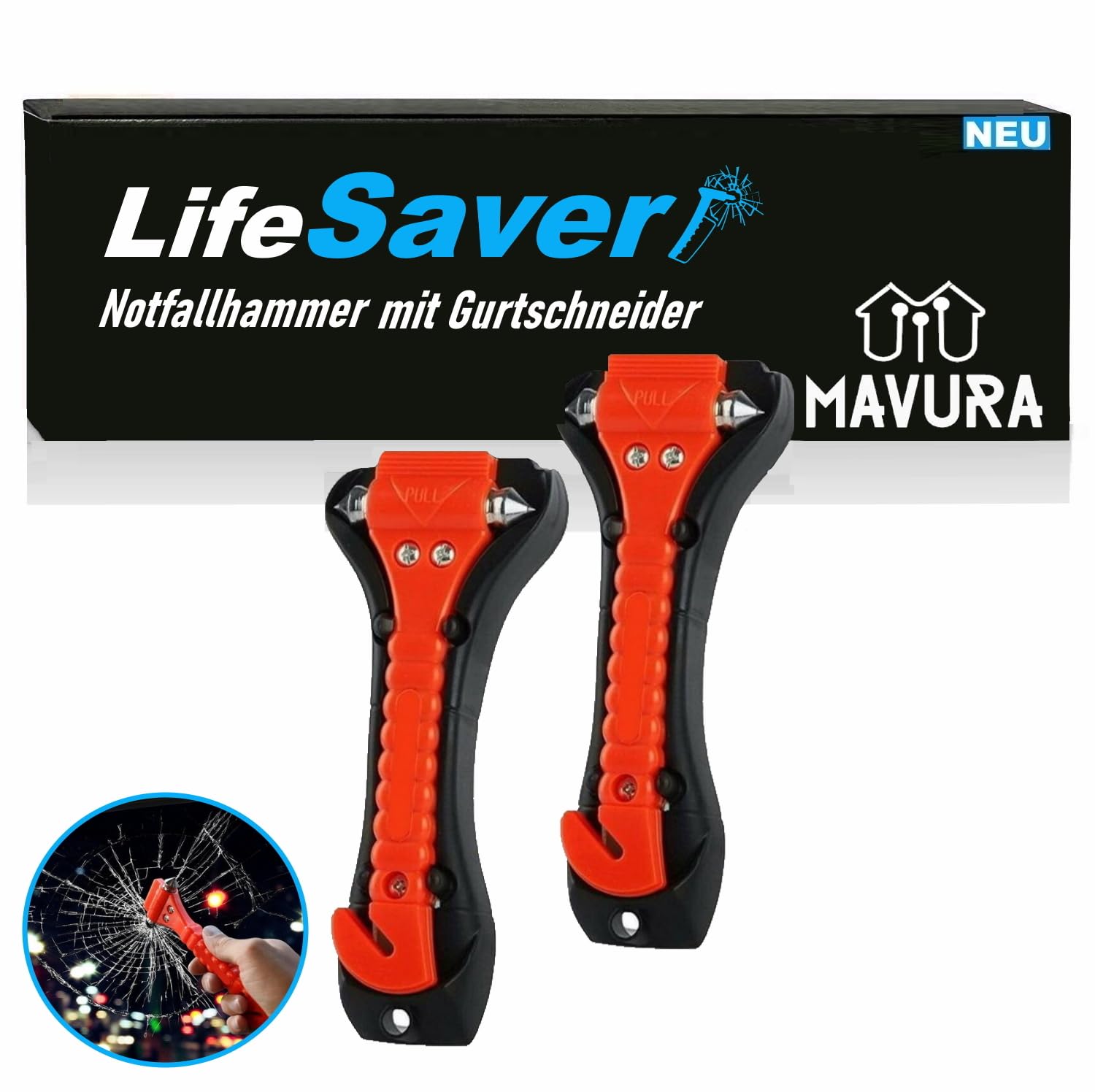 MAVURA Lifesaver Lebensretter Nothammer Gurtschneider Notfall, Hammer Notfallhammer Glasbrecher [2er Set] von MAVURA