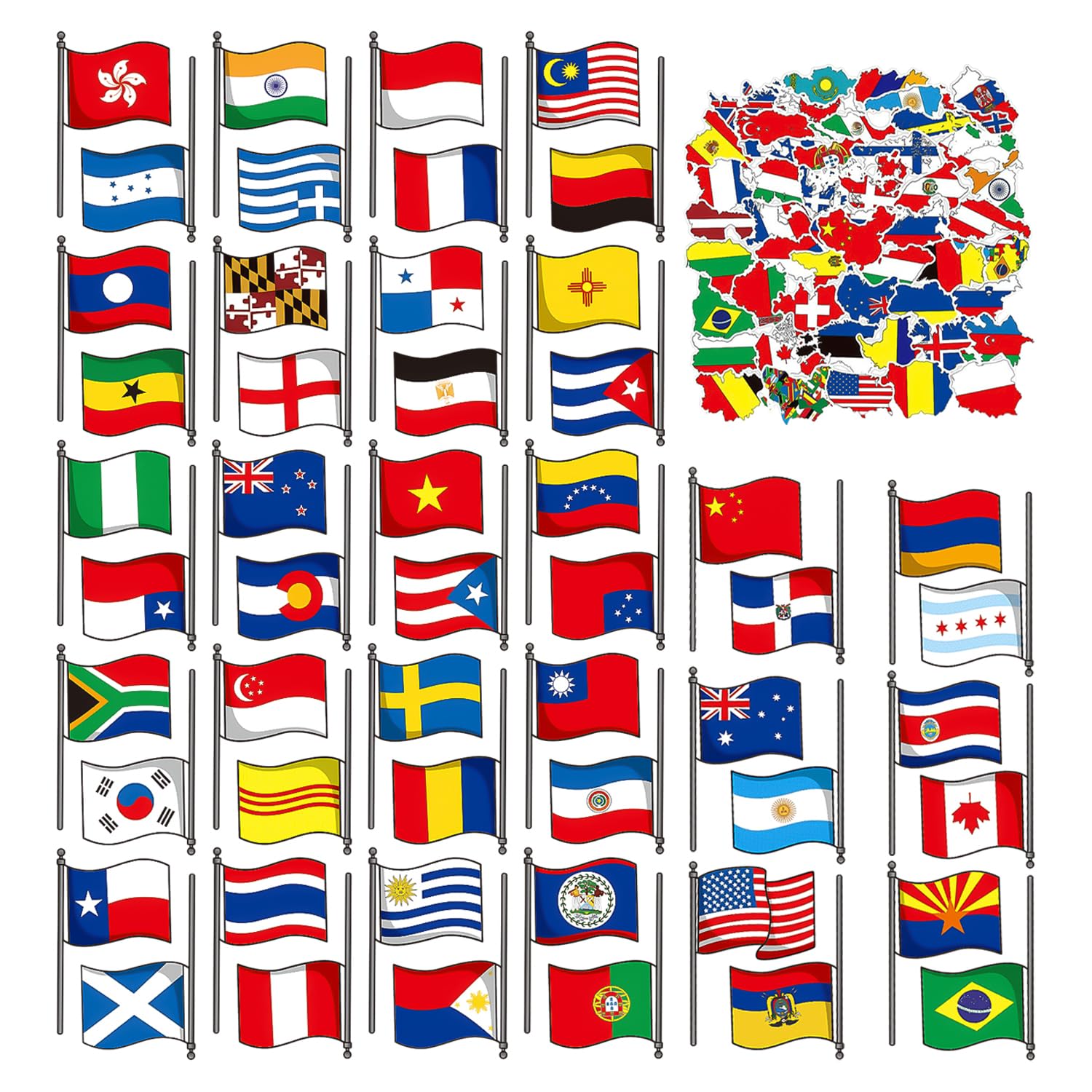 MAXQUU 102 Blatt Weltflaggenaufkleber, Gepäckaufkleber, Flaggenaufkleber, Weltkartenaufkleber, Wasserfeste Selbstklebende Aufkleber Für Computer, Gepäck, Skateboards von MAXQUU