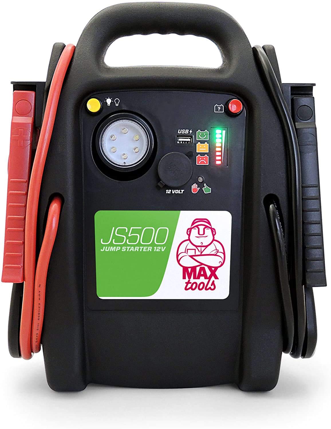 MAXTOOLS JS500 2200A 22Ah, UltraSafe Starthilfe Powerbank, für Autos und Transporter, für 12V Diesel und Benzinmotoren, Jumpstarter mit LED-Licht, USB-Anschluss und Starthilfekabel von MAXTOOLS
