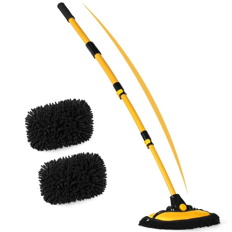 MAXVINI 144CM Autowaschbürste Waschbürste mit Teleskopstiel, 15° Bogen Auto waschbürste mit Langer Stiel, Mikrofaser Chenille Autowaschmopp Reinigungsbürste für Auto LKW Wohnwagen Wohnmobil von MAXVINI