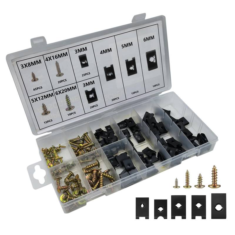 MAYOKIAAR 180 Schraube Mutter Clip Kit, 90 Kreuzschlitz Blechschrauben, 90 U-förmige Befestigungsclips, Kotflügel Clips, Blechmuttern und Schrauben, für Auto Reparaturen von MAYOKIAAR
