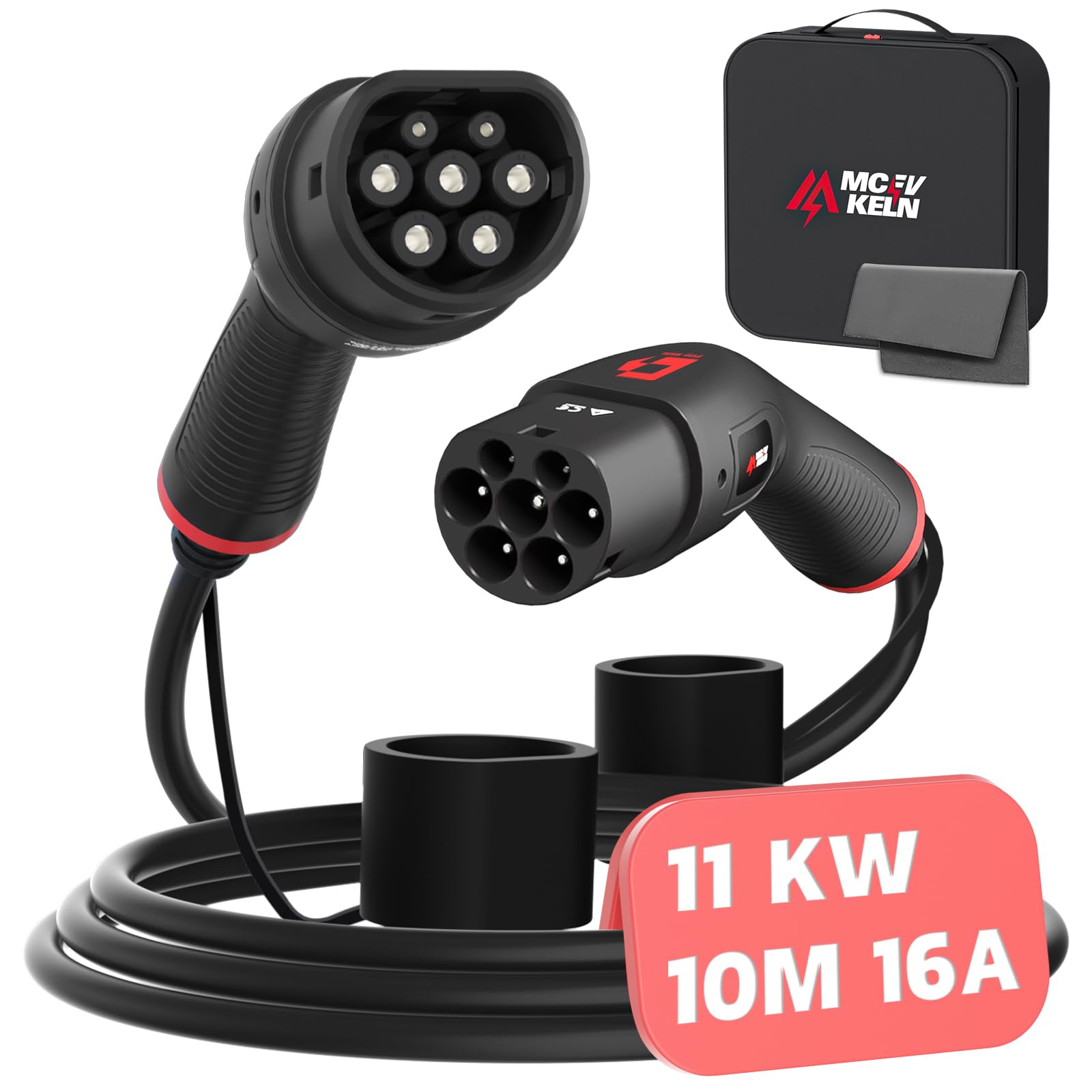 MCEVKELN Typ 2 Ladekabel 11KW 3 Phasig - 16A Ladekabel Typ 2 für Elektroautos & Hybrid 10M Mode 3 Ladekabel Elektroauto Typ 2 EV Charger kompatibel mit E-208, 500e, Zoe, ID.4, ID.5, Model S/X/Y/3 von MCEVKELN