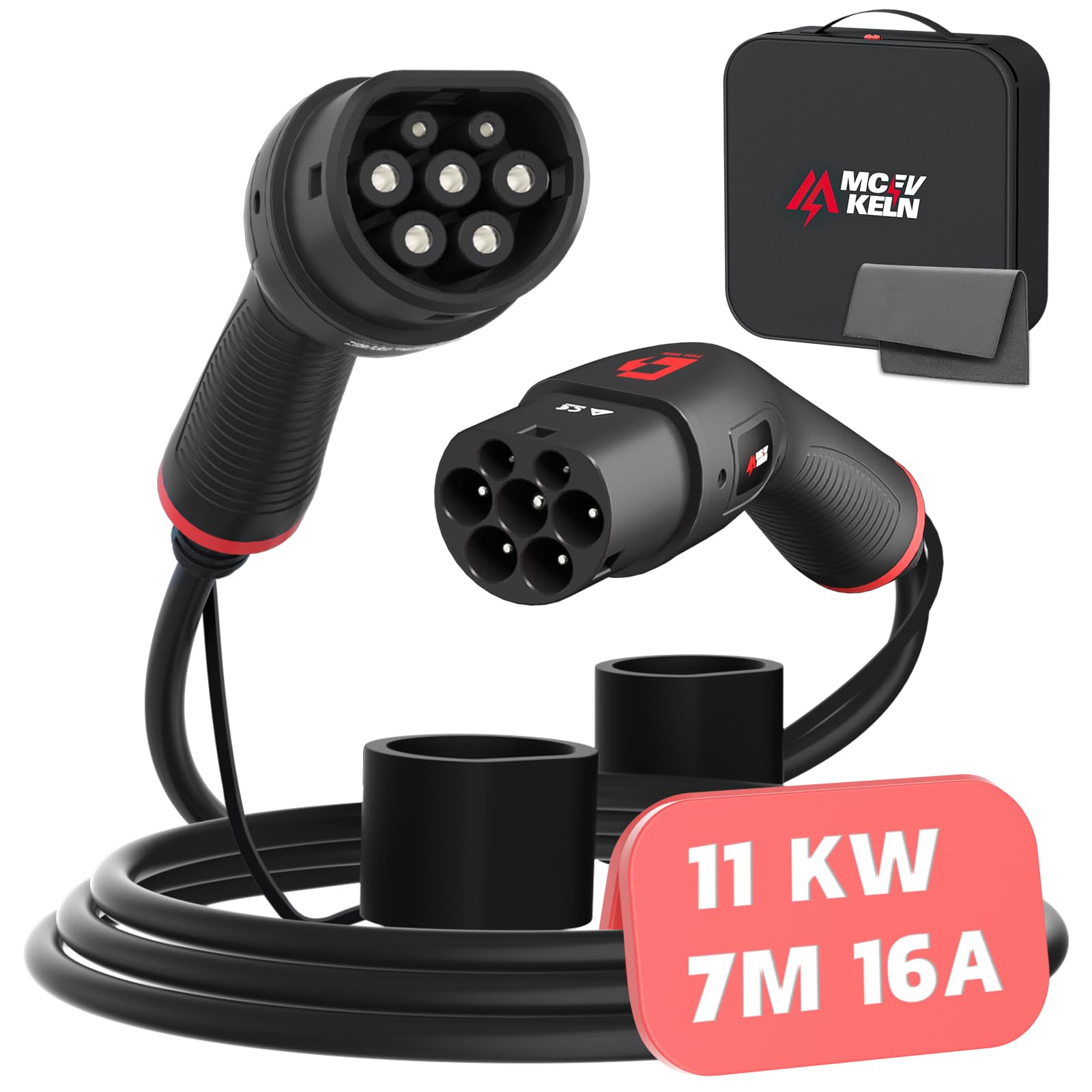 MCEVKELN Typ 2 Ladekabel 11KW 3 Phasig - 16A Ladekabel Typ 2 für Elektroautos & Hybrid 7M Mode 3 Ladekabel Elektroauto Typ 2 EV Charger kompatibel mit E-208, 500e, Zoe, ID.4, ID.5, Model S/X/Y/3 von MCEVKELN