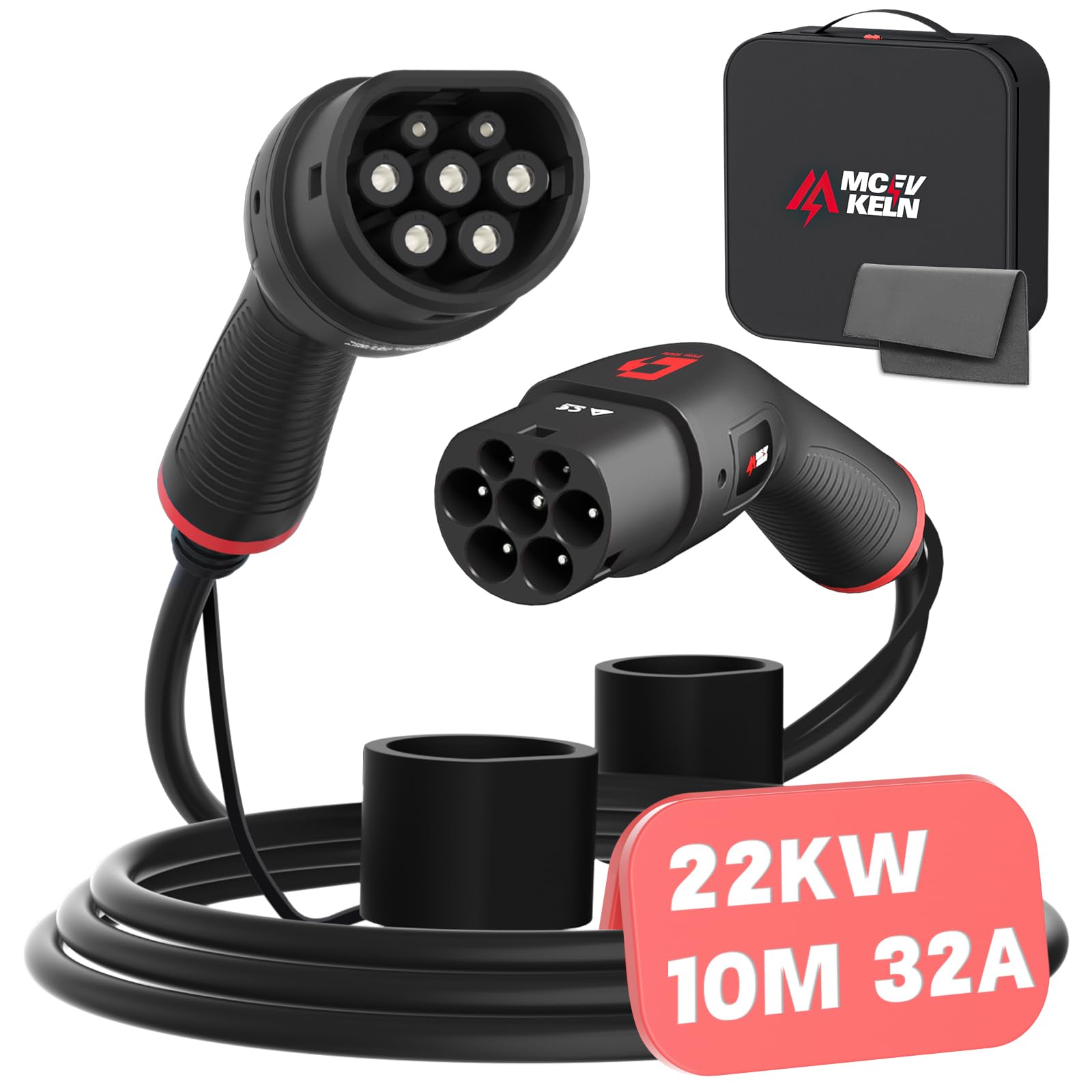 MCEVKELN Typ 2 Ladekabel 22kW für Elektroauto & Hybrid Typ 2 -Mode 3 Ladekabel E Auto - 32A| 3 Phasig| 10M Ladekabel Elektroauto Typ 2 EV Charger mit Handtasche, Schwarz von MCEVKELN