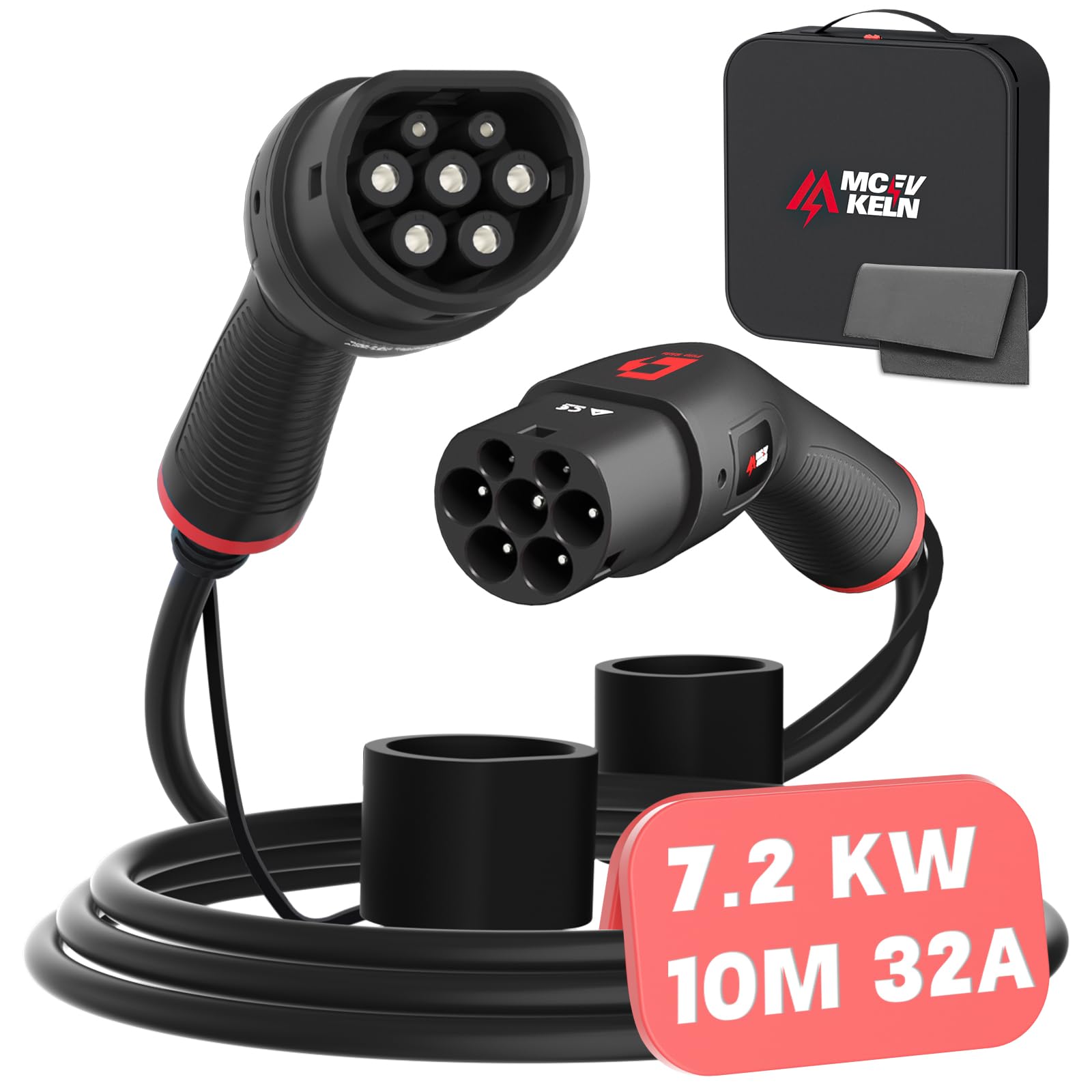 MCEVKELN Typ 2 Ladekabel 7,2kW - 1 Phasig Ladekabel mit 32A, IEC 62196, 10M Mode 3 kompatibel für alle Typ 2-Elektroautos (Model 3/S/X/Y, 500E,E-208,ID.3,ID.4,Golf) - Kabeltasche von MCEVKELN