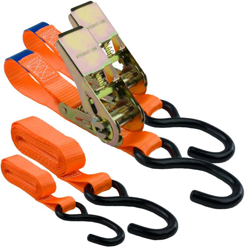 Spanngurte mit Ratsche und Haken 2er Set, 25mm breit 4m lang, bis 700kg, Spanngurt orange, Zurrgurte für Ladungssicherung, Spanngurte Haken, Gurtband, Spanngurte 4m, 2 Stück / Pcs von MCS Cargo Security