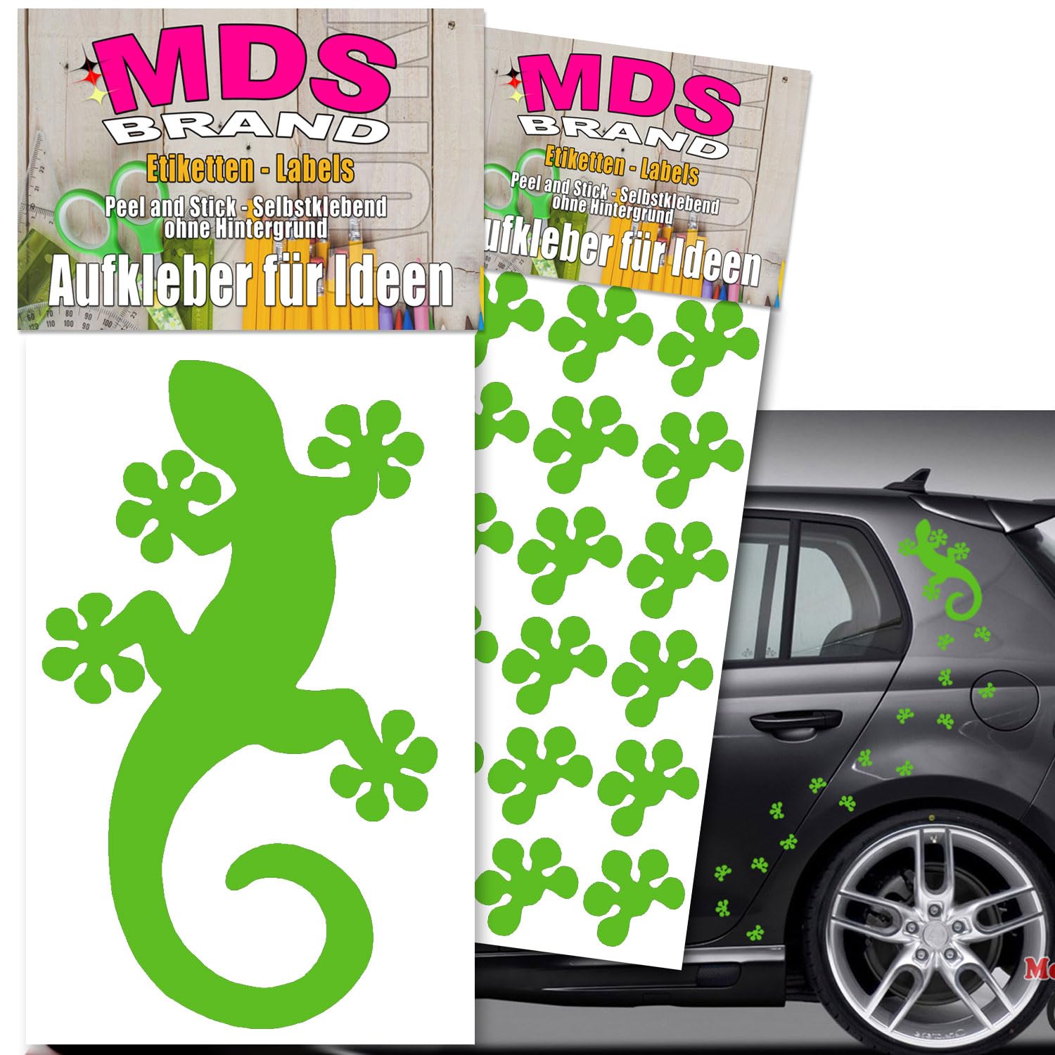 MDS Brand Gecko Autoaufkleber 16cm + 24x fußspuren | in DREI Farben | Autotattoo sind selbstklebend & wasserfest (Grün) von MDS Brand