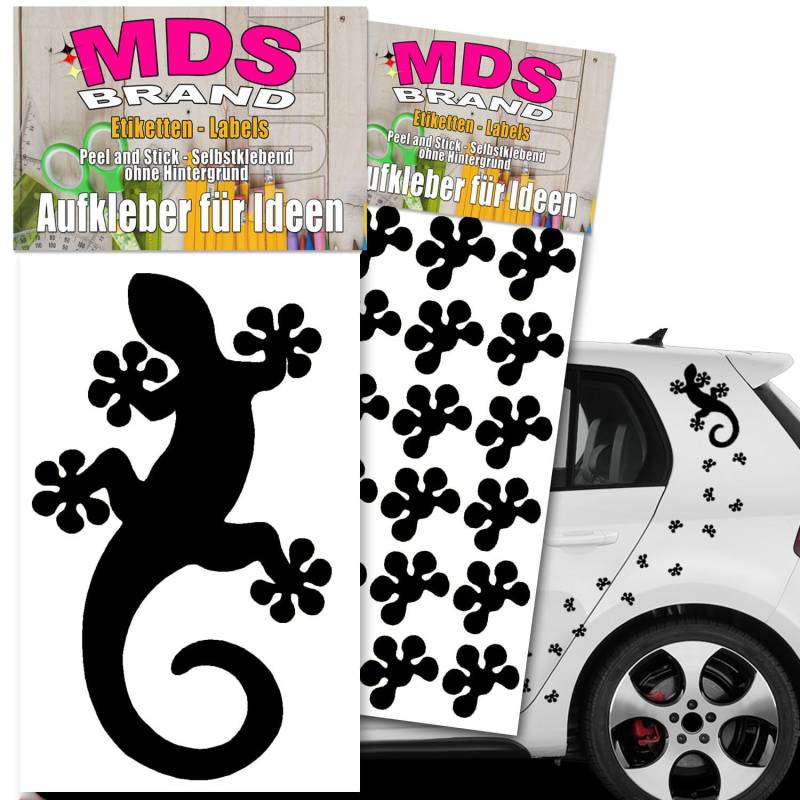MDS Brand Gecko Autoaufkleber 16cm + 24x fußspuren | in DREI Farben | Autotattoo sind selbstklebend & wasserfest (Schwarz) von MDS Brand