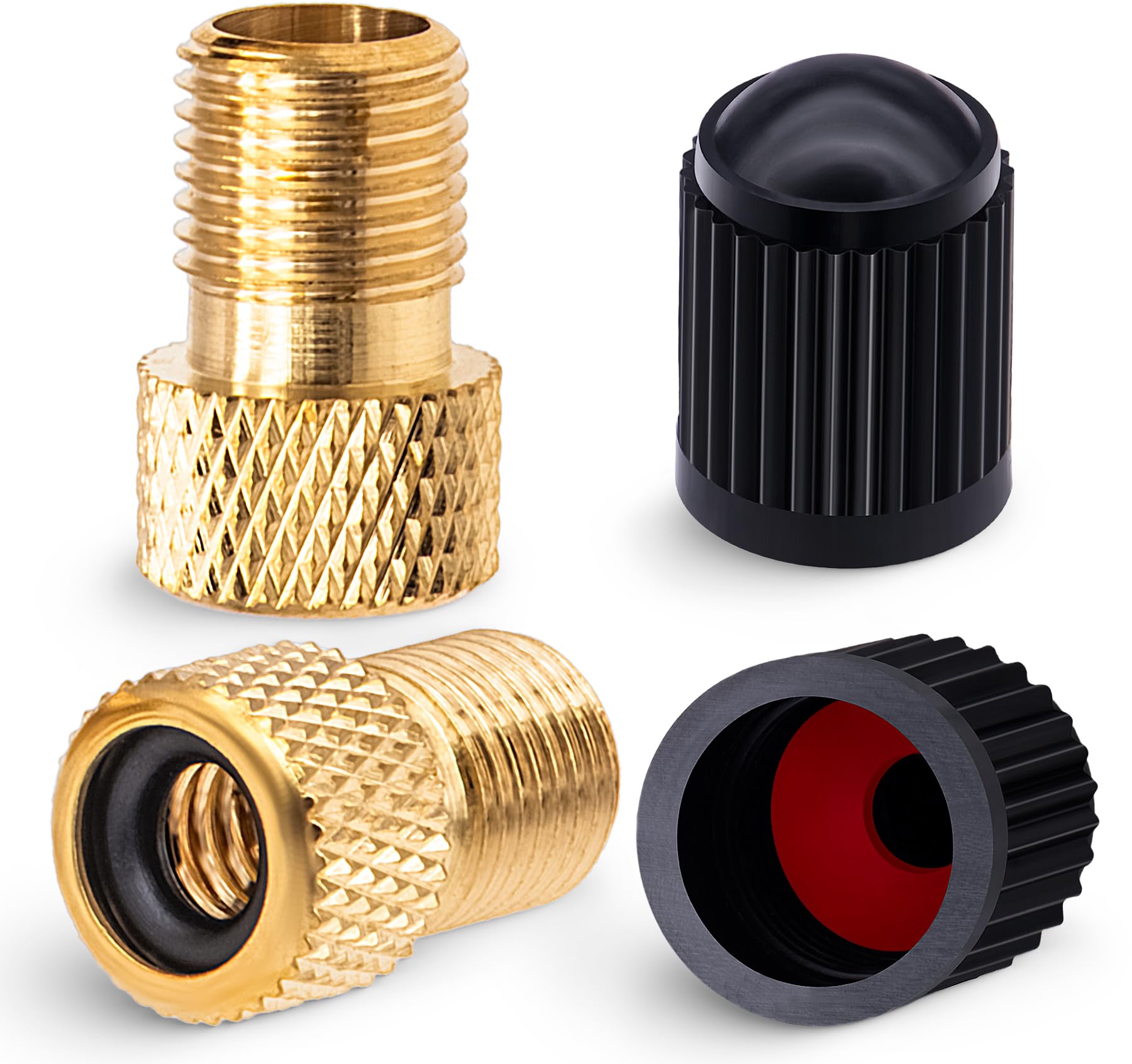 MEAJOO Presta-Ventiladapter aus Messing, konvertiert Presta-zu-Schrader-Adapter, Reifen mit Standardpumpe oder Luftkompressor für Fahrräder, 2 schwarze Reifenventilkappen (Netzkornstil), 2 Stück von MEAJOO