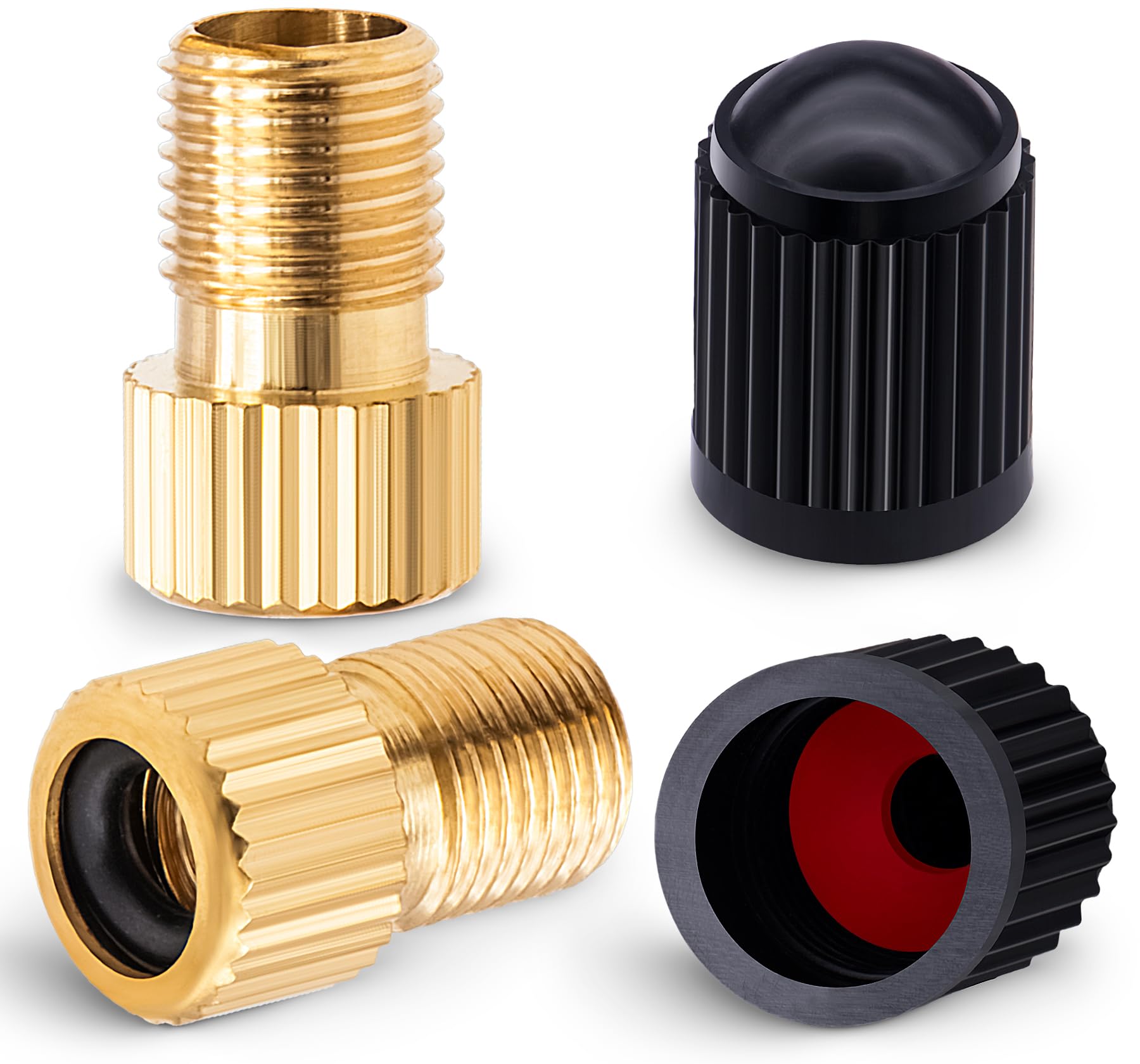 MEAJOO Presta-Ventiladapter aus Messing, konvertiert Presta-zu-Schrader-Adapter, Reifen mit Standardpumpe oder Luftkompressor für Fahrräder, 2 schwarze Reifenventilkappen (vertikale Maserung), 2 Stück von MEAJOO