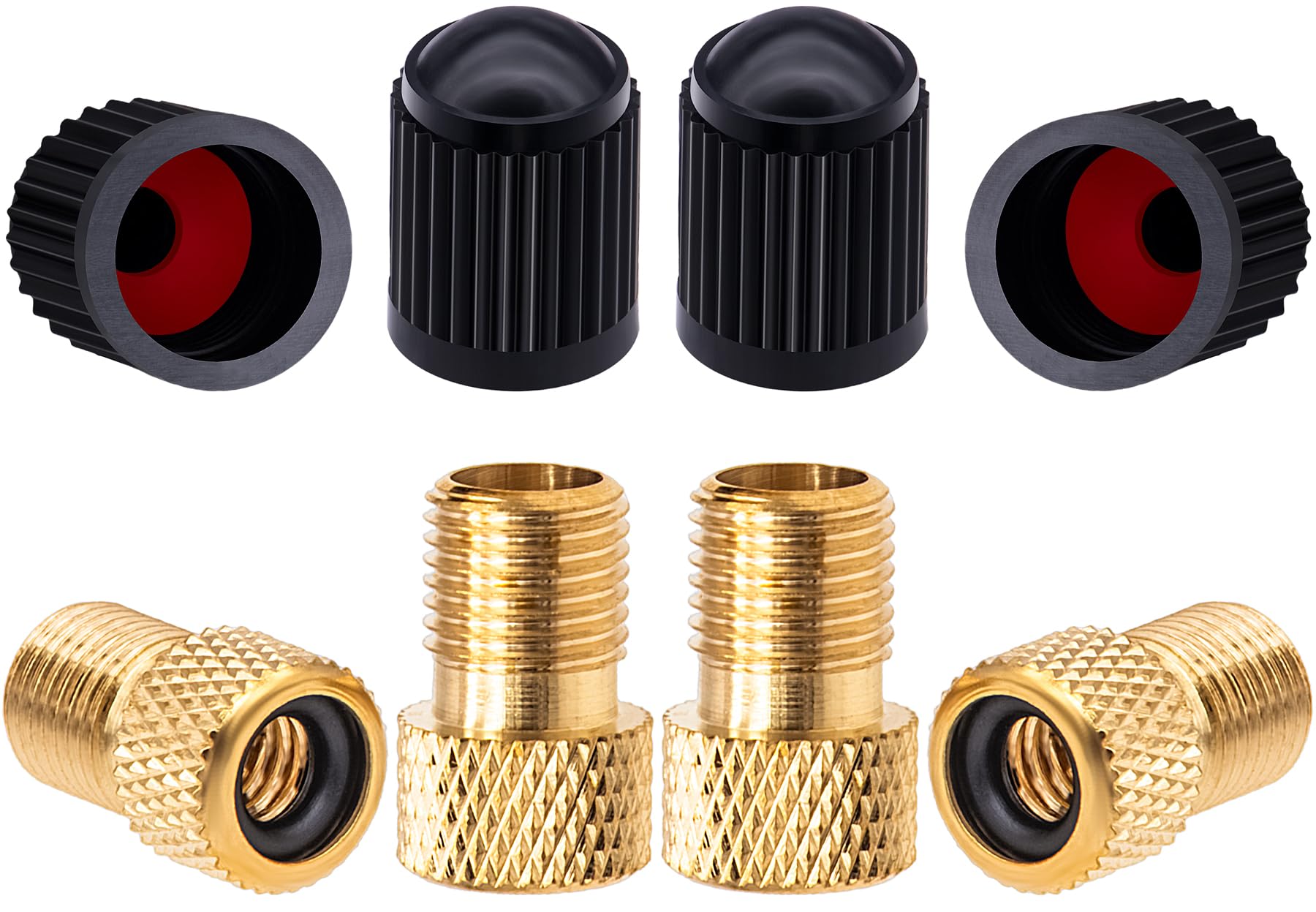 MEAJOO Presta-Ventiladapter aus Messing, konvertiert Presta-zu-Schrader-Adapter, Reifen mit Standardpumpe oder Luftkompressor für Fahrräder, 4 schwarze Reifenventilkappen (Netzkornstil) von MEAJOO