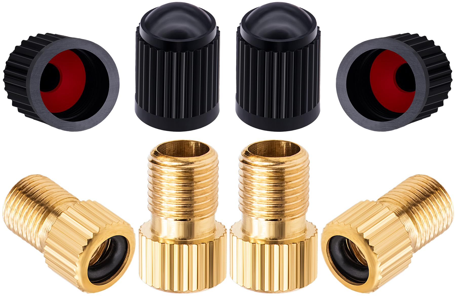 MEAJOO Presta-Ventiladapter aus Messing, konvertiert Presta-zu-Schrader-Adapter, Reifen mit Standardpumpe oder Luftkompressor für Fahrräder, 4 schwarze Reifenventilkappen (vertikale Maserung), 4 Stück von MEAJOO