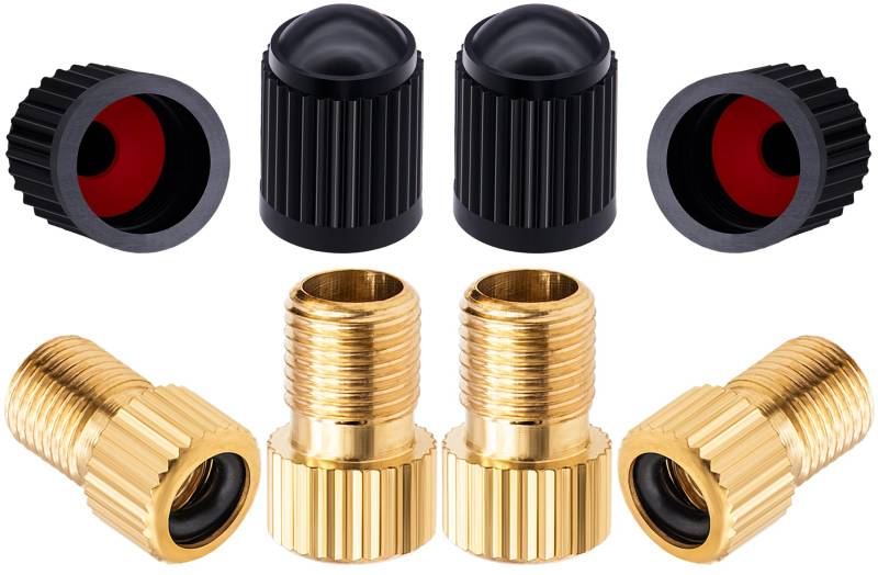 MEAJOO Presta-Ventiladapter aus Messing, konvertiert Presta-zu-Schrader-Adapter, Reifen mit Standardpumpe oder Luftkompressor für Fahrräder, 4 schwarze Reifenventilkappen (vertikale Maserung), 4 Stück von MEAJOO