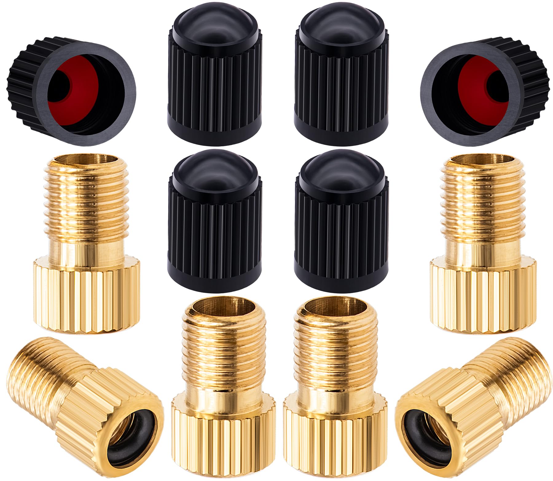 MEAJOO Presta-Ventiladapter aus Messing, konvertiert Presta-zu-Schrader-Adapter, Reifen mit Standardpumpe oder Luftkompressor für Fahrräder, 6 schwarze Reifenventilkappen (vertikale Maserung), 6 Stück von MEAJOO