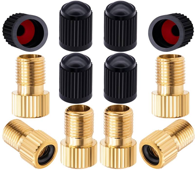 MEAJOO Presta-Ventiladapter aus Messing, konvertiert Presta-zu-Schrader-Adapter, Reifen mit Standardpumpe oder Luftkompressor für Fahrräder, 6 schwarze Reifenventilkappen (vertikale Maserung), 6 Stück von MEAJOO