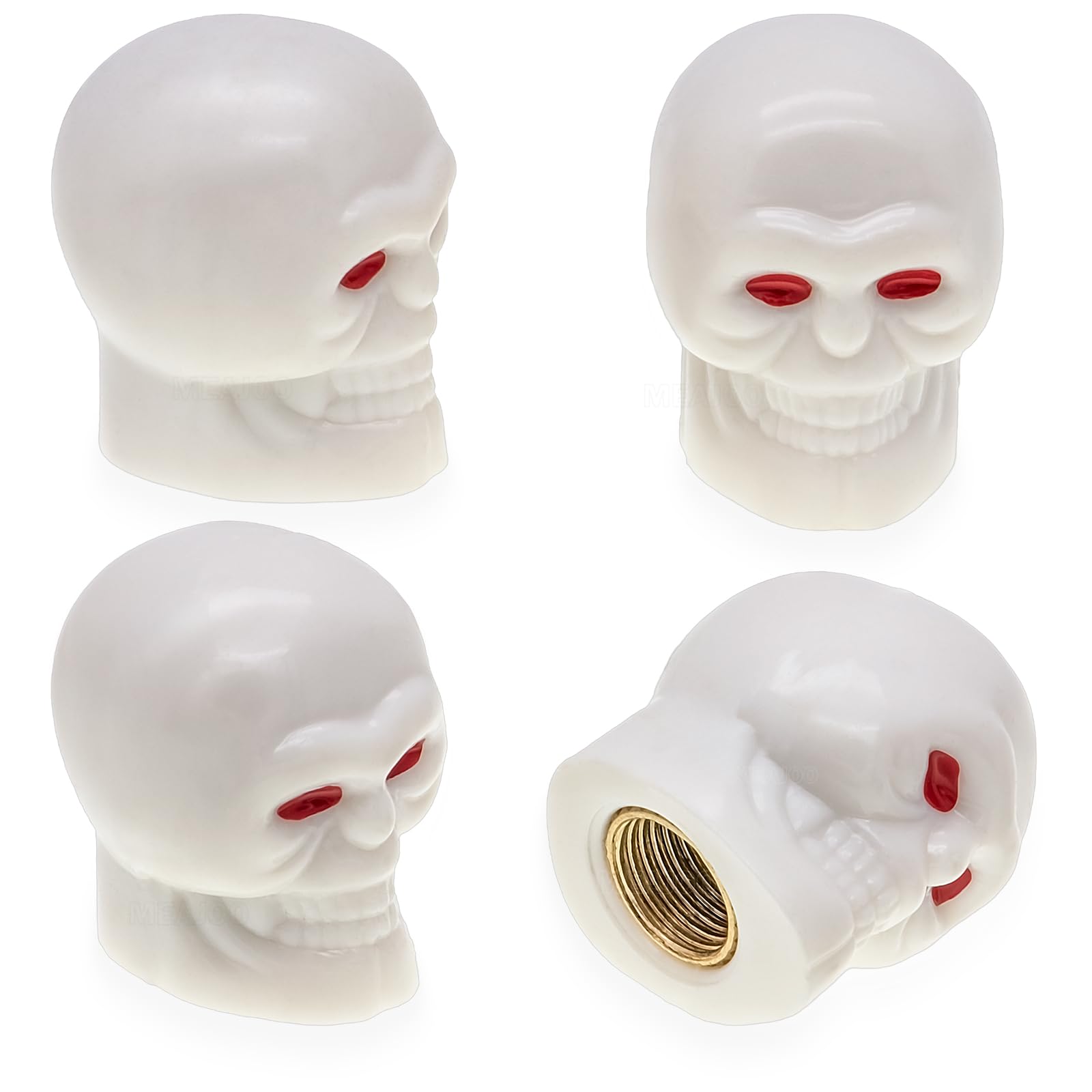 MEAJOO Ventilkappen im Totenkopf-Stil, mit O-Gummiring, universelle Kupferkern-Reifenventilkappen für Autos, SUV, LKW, Fahrräder, Motorräder, Fahrräder, 4 Stück (weiß) von MEAJOO