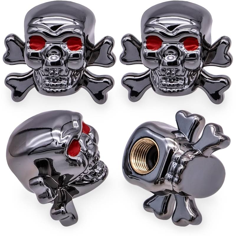 MEAJOO Ventilkappen im Totenkopf-Stil, staubdichte Radventilabdeckungen, Zubehör, mit Gummi-O-Ring, universell für Autos, SUVs, Fahrräder, LKWs und Motorräder, Grau, 4 Stück von MEAJOO