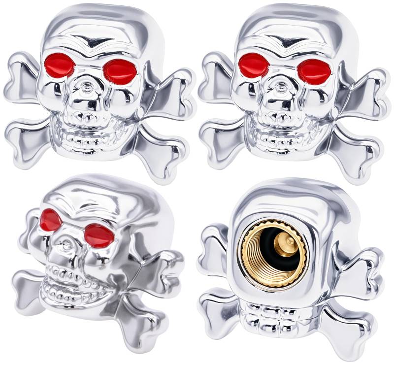 MEAJOO Ventilkappen im Totenkopf-Stil, staubdichte Radventilabdeckungen, Zubehör, mit Gummi-O-Ring, universell für Autos, SUVs, Fahrräder, LKWs und Motorräder, silberfarben, 4 Stück von MEAJOO