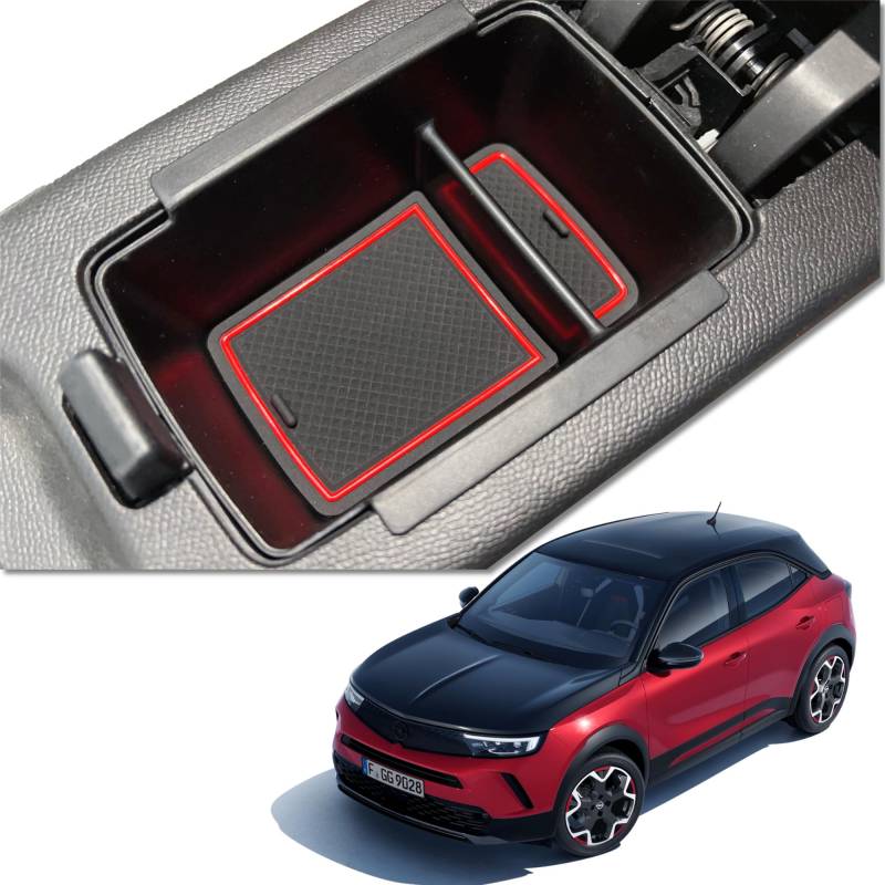 MEDZUK 4 Farben Armlehnen Kompatibel mit Opel Mokka B 2020-2024 2025 Mittelkonsole Aufbewahrungsbox, Handschuhfach Organizer Tray Zubehör mit Rutschfester Matte (Rot) von MEDZUK