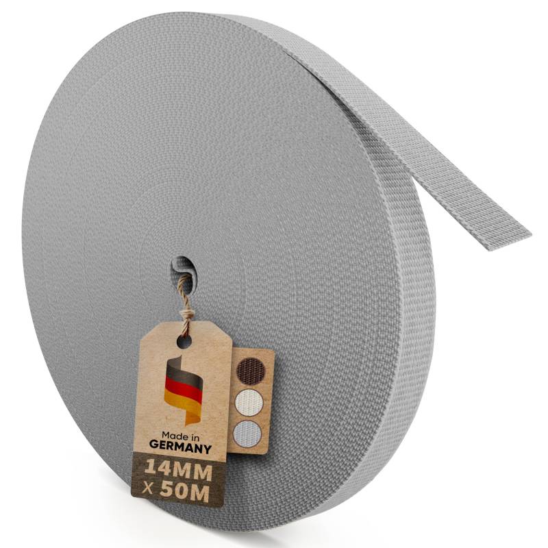 MEISTERBAU - 50m Rolladengurt 14mm [Made in Germany] - Rolladenband für Rollläden an Türen und Fenster - Extrem Reißfest & UV-Stabil - Rollladengurt mit starken Kanten (Grau) von MEISTERBAU