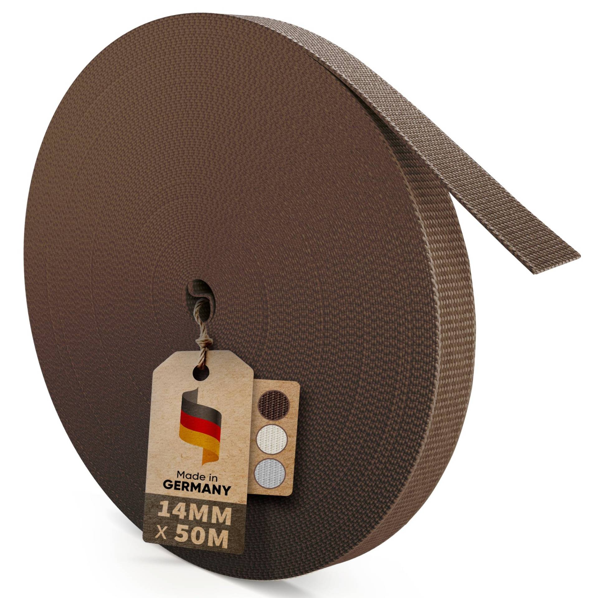 MEISTERBAU - 50m Rolladengurt 14mm [Made in Germany] - Rolladenband für Rollläden an Türen und Fenster - Extrem Reißfest & UV-Stabil - Rollladengurt mit starken Kanten (Braun) von MEISTERBAU