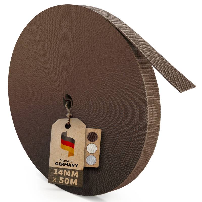 MEISTERBAU - 50m Rolladengurt 14mm [Made in Germany] - Rolladenband für Rollläden an Türen und Fenster - Extrem Reißfest & UV-Stabil - Rollladengurt mit starken Kanten (Braun) von MEISTERBAU