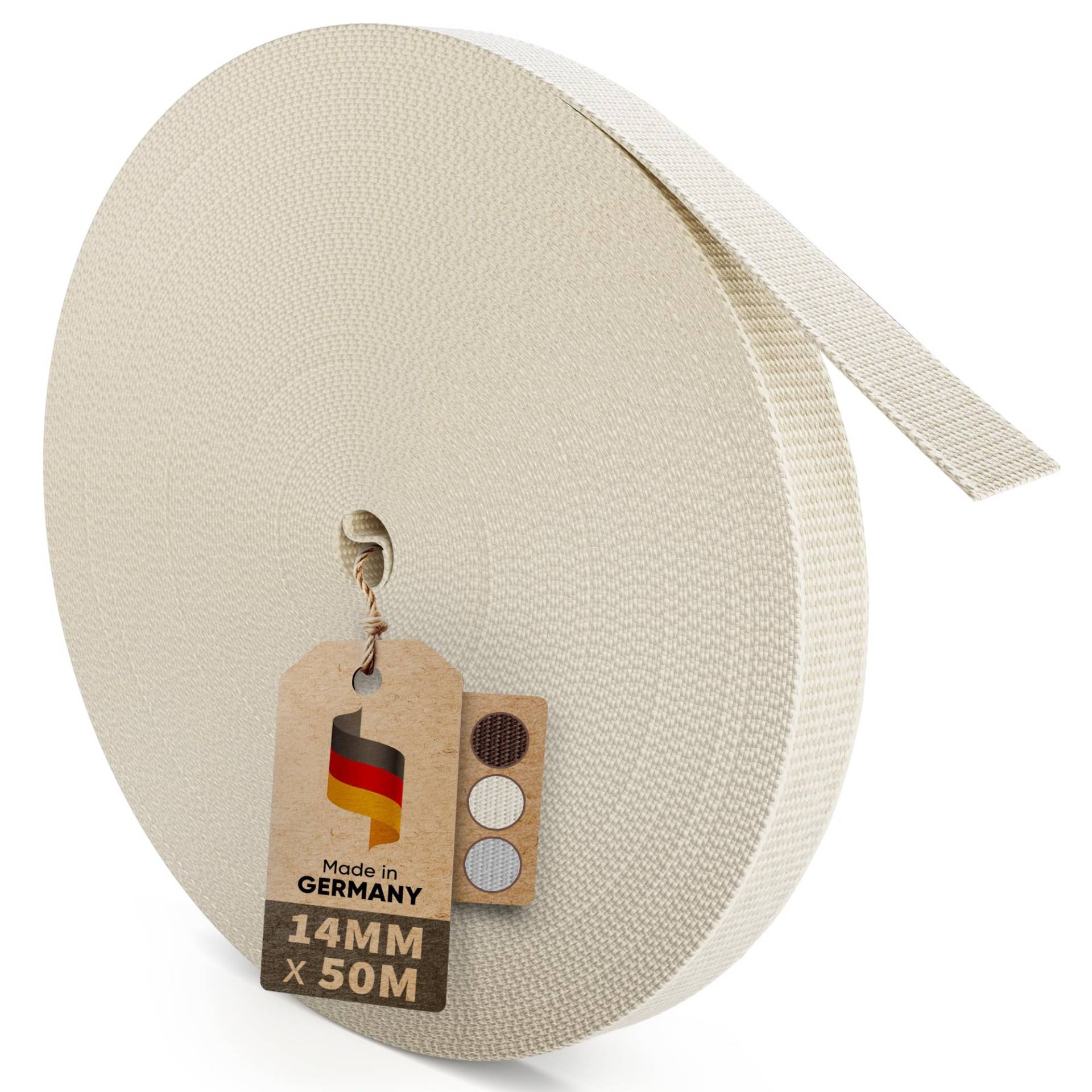 MEISTERBAU - 50m Rolladengurt 14mm [Made in Germany] - Rolladenband für Rollläden an Türen und Fenster - Extrem Reißfest & UV-Stabil - Rollladengurt mit starken Kanten (Creme) von MEISTERBAU