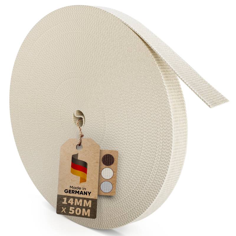 MEISTERBAU - 50m Rolladengurt 14mm [Made in Germany] - Rolladenband für Rollläden an Türen und Fenster - Extrem Reißfest & UV-Stabil - Rollladengurt mit starken Kanten (Creme) von MEISTERBAU