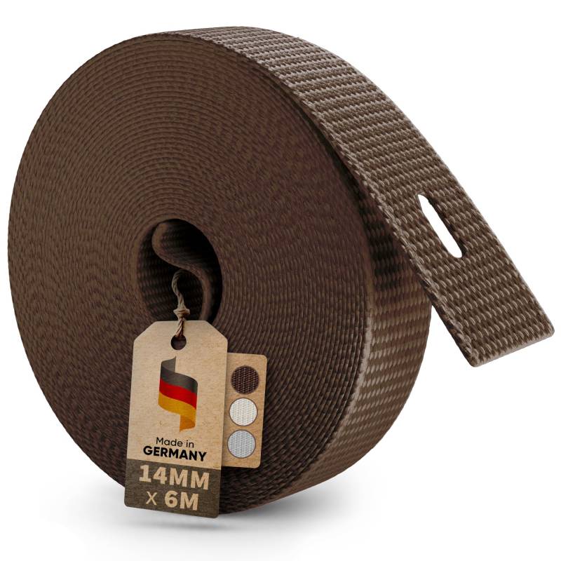 MEISTERBAU - 6m Rolladengurt 14mm [Made in Germany] - Rolladenband für Rollläden an Türen und Fenster - Extrem Reißfest & UV-Stabil - Rollladengurt mit starken Kanten (Braun, 6m lang - 14mm breit) von MEISTERBAU