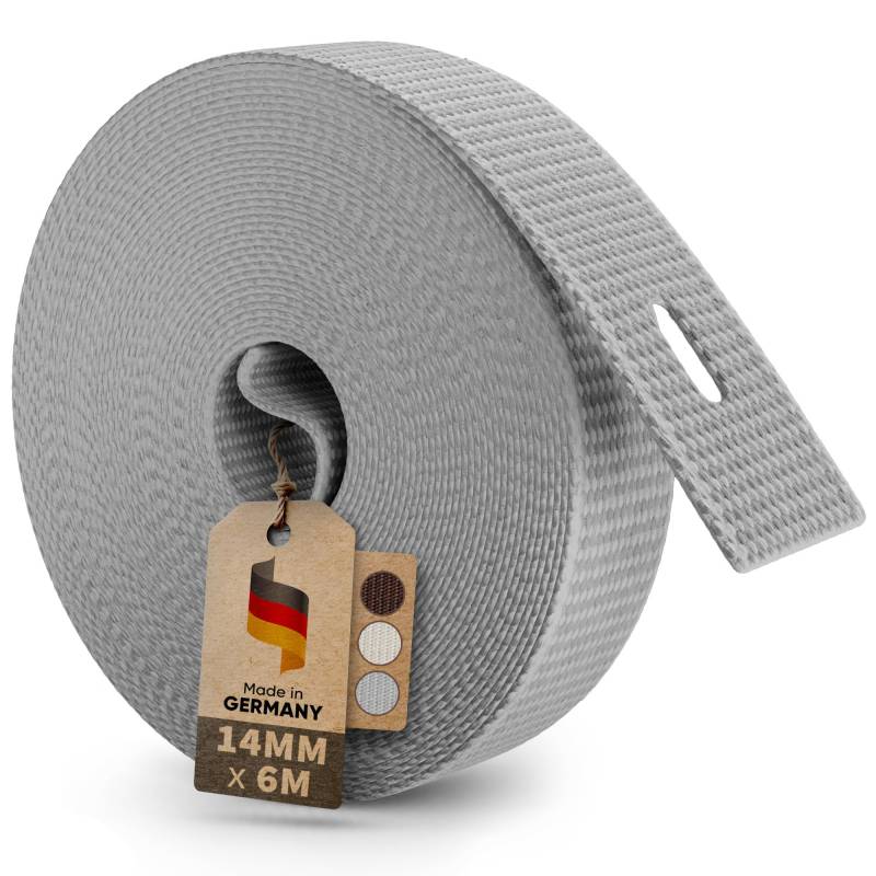 MEISTERBAU - 6m Rolladengurt 14mm [Made in Germany] - Rolladenband für Rollläden an Türen und Fenster - Extrem Reißfest & UV-Stabil - Rollladengurt mit starken Kanten (Grau, 6m lang - 14mm breit) von MEISTERBAU