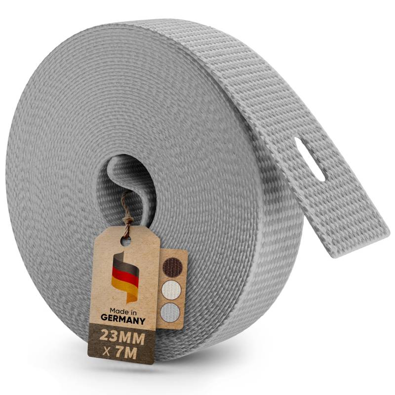 MEISTERBAU - 7m Rolladengurt 23mm [Made in Germany] - Rolladenband für Rollläden an Türen und Fenster - Extrem Reißfest & UV-Stabil - Rollladengurt mit starken Kanten (Grau, 7m lang - 23mm breit) von MEISTERBAU