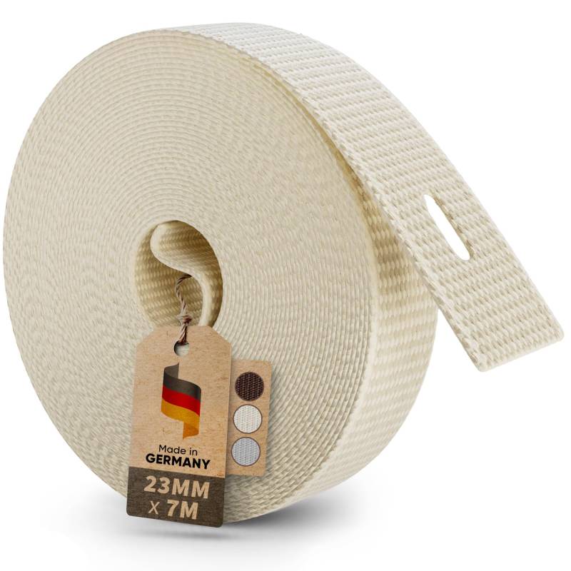 MEISTERBAU - 7m Rolladengurt 23mm [Made in Germany] - Rolladenband für Rollläden an Türen und Fenster - Extrem Reißfest & UV-Stabil - Rollladengurt mit starken Kanten (Creme, 7m lang - 23mm breit) von MEISTERBAU