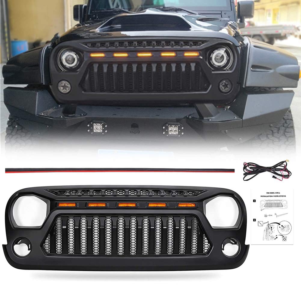 Haitu Front Grill for Jeep Accessories, Matte Black Angry Face Grill with 5 Amber Lights for Jeep Wrangler 2007-2017 JK Rubicon Sahara Sport JKU Haitu Front Grill for Jeep Accessories, Matte Black Angry Face Grill with 5 Amber Lights for Jeep Wrangler 2007-2017 JK Rubicon Sahara Sport JKU von MELARQT