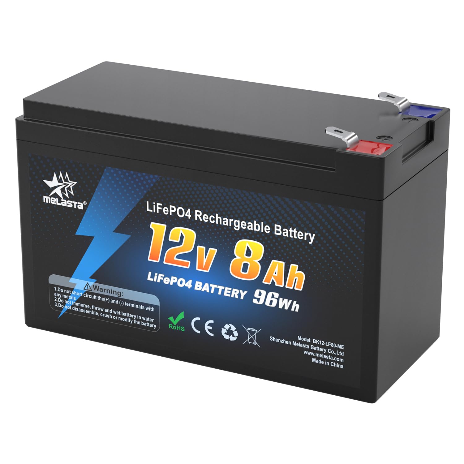 melasta 12V 8Ah LiFePO4 Batterie,BMS Schutz, wiederaufladbar 2000 Zyklen Deep Cycle Lithium Akku,Lithiumbatterie, Perfekter Ersatz für Blei-Säure Batterien für Wohnwagen, Camping, Solaranlage, Boote von MELASTA