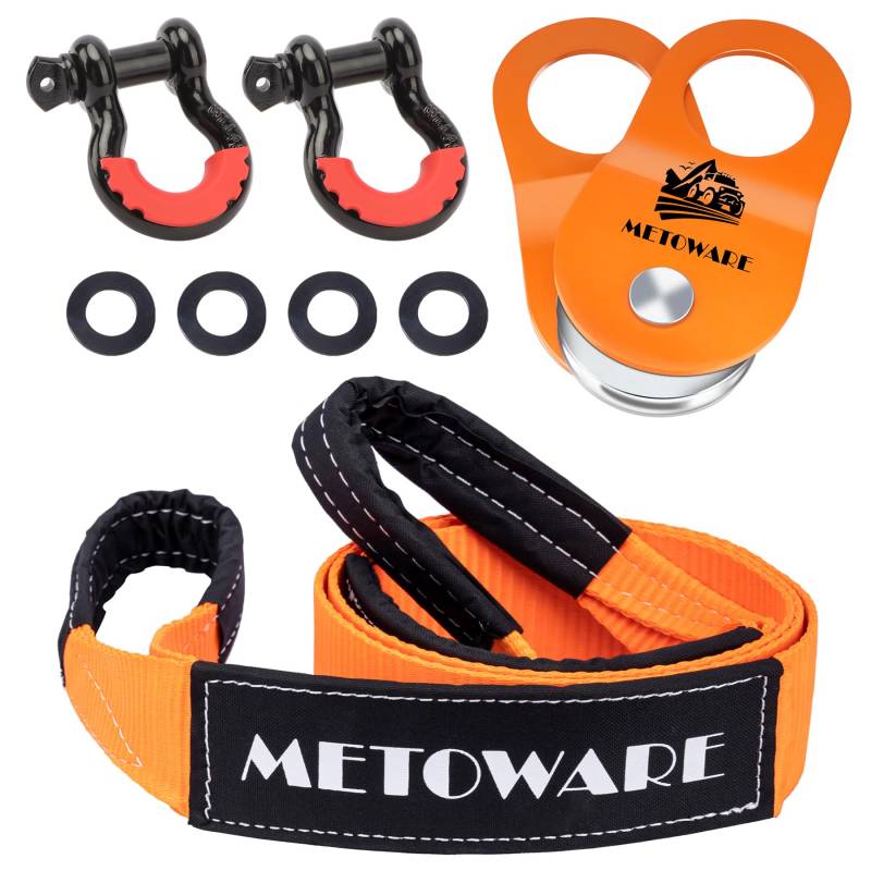 METOWARE Offroad-Bergeset, 7,6 cm x 2,4 m, Baumschoner, Abschleppgurt mit 2 D-Ring-Schäkeln und 10 Tonnen robuster Riemenscheibe von METOWARE