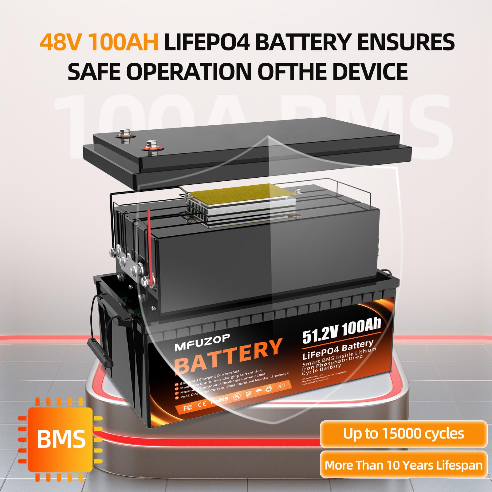 MFUZOP 12v 300ah lifepo4 batterie, 200A BMS, MAX 2560W Leistung, 15000+ Zyklen Deep Cycle, Unterstützt Serien/Parallelschaltung, Max.3840Wh Energie für Solar, Wohnmobil, Off-Grid (48V100AH*1Pcs) von MFUZOP