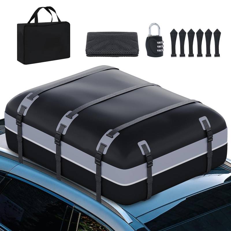 MIDIBIDIBK Auto Dachbox 21 Kubikfuß Faltbare WasserdichtDachbox Taschen mit Rutschfester Matte Aufbewahrungsbox Dachtasche mit/ohne Gepäckträger Dachbox für Autos, Vans, SUV 1000D（Grau/Schwarz） von MIDIBIDIBK