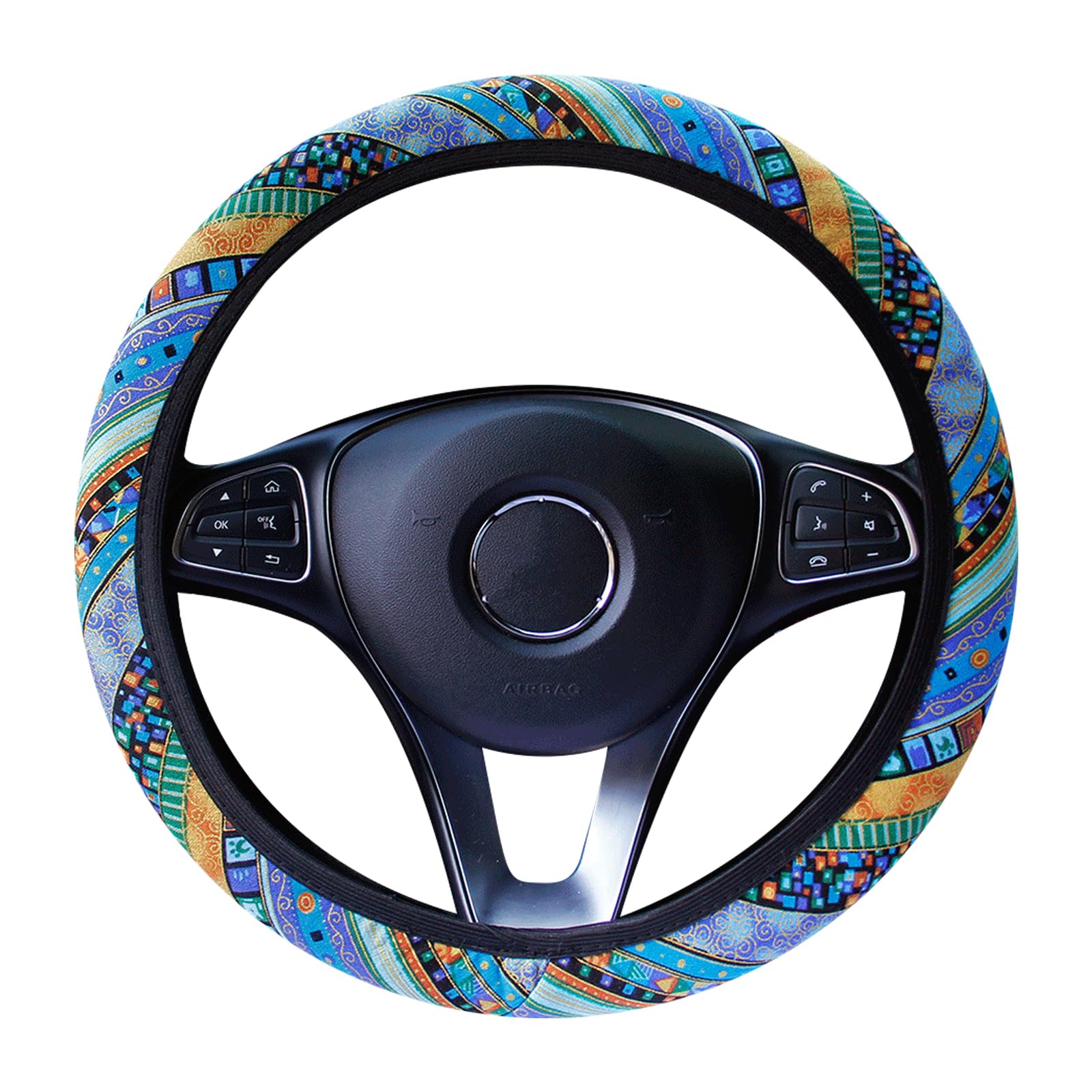 Auto Lenkradhülle, Lenkradtuch Bohemian Style Anti-Rutsch Und Schweiß Absorption Lenkradbezug Ethnischer Stil Grob Flachs Tuch Auto Lenkradhüllen Auto für Damen Universelle Größe (Blue Mix and Match) von MIGIFTDY