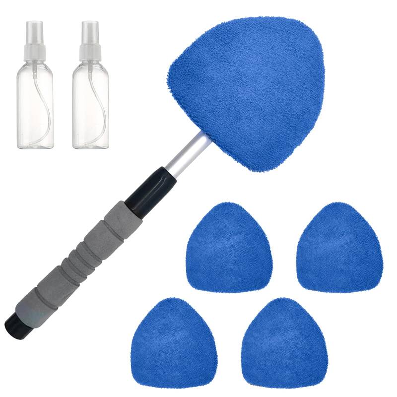 MIGIFTDY Auto Mikrofaser Reiniger Schwenkbar Waschbürste Teleskop Griff und wiederverwendbaren Scheibenreiniger mit 5 Mikrofaserpads und 2 Sprühflaschen Blauer Set (Blau) von MIGIFTDY