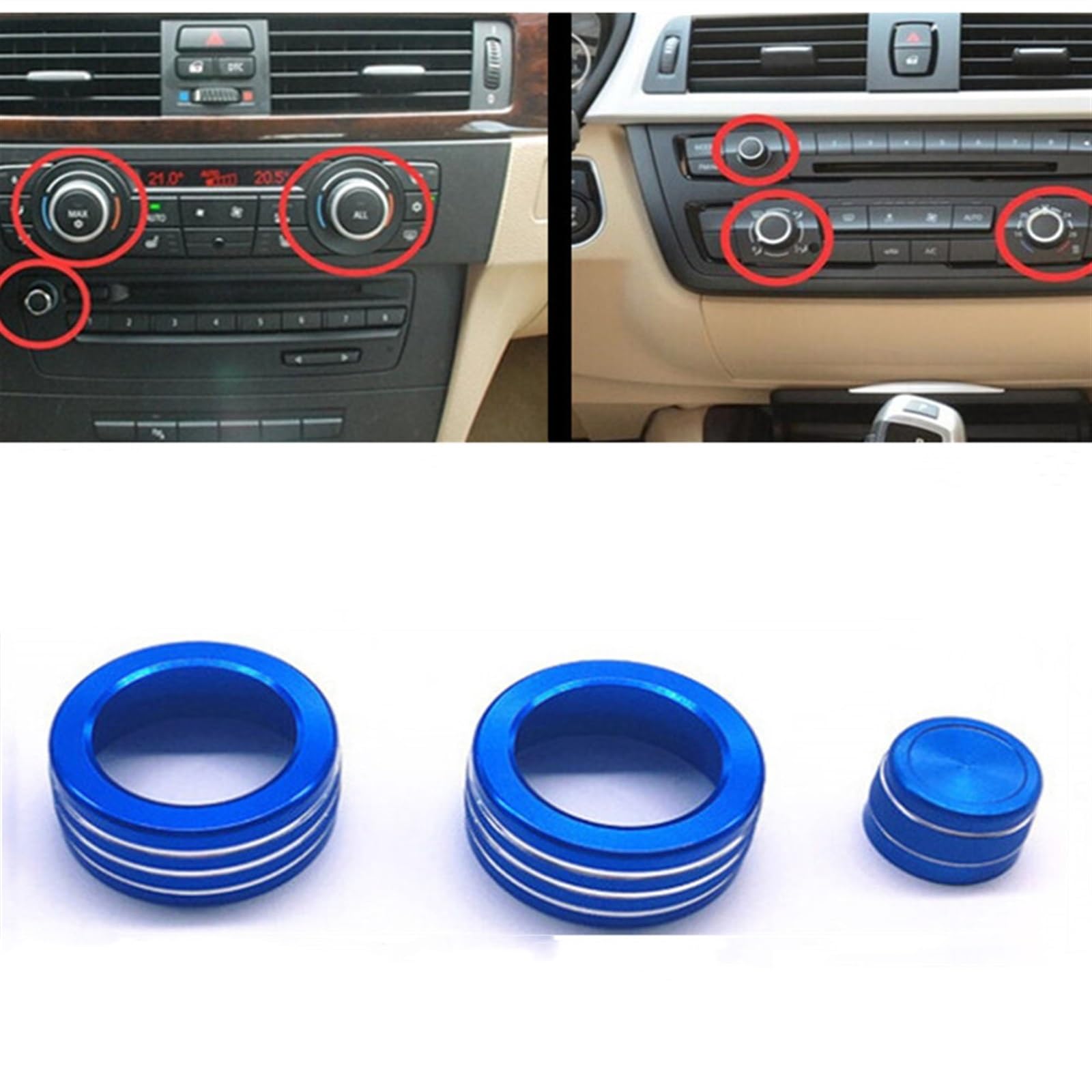 MILLAY Knopfring für Klimaanlage, Passend for BMW 3er 2005–2013 E90 E91 E92 E93, Auto-Klimaanlage, Sound-Trim-Knopf-Abdeckung, Innendekorationszubehör (Color : Blue(3pcs)) von MILLAY