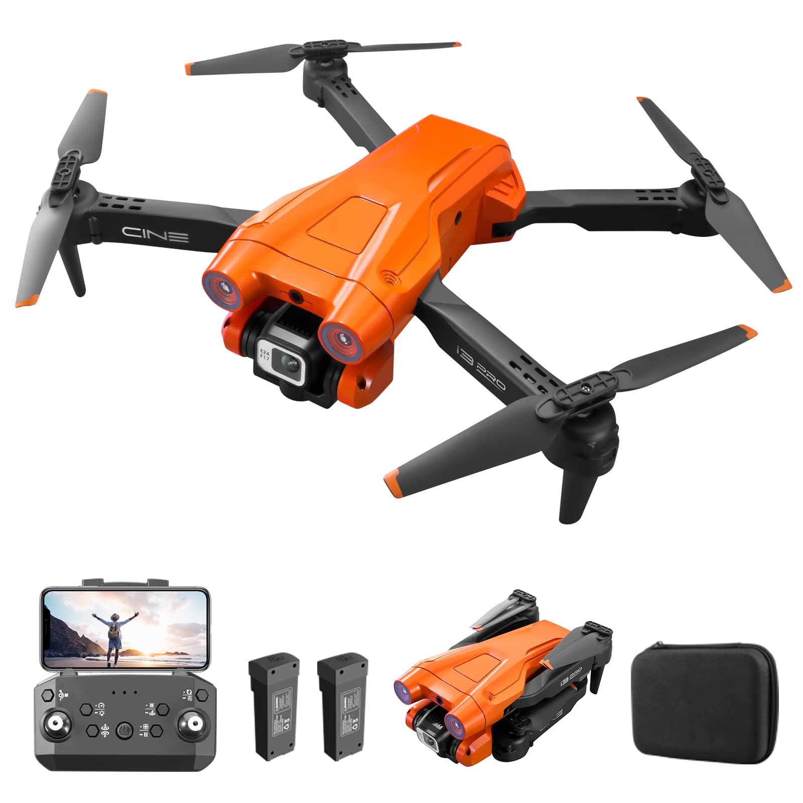 RC Drohne mit 4K HD Dual Kamera, 1080P RC Quadrocopter inkl. 2 Batterien, Hindernisvermeidung Headless-Modus, Gestensteuerung Anfänger (Orange) von MINGPINHUIUS